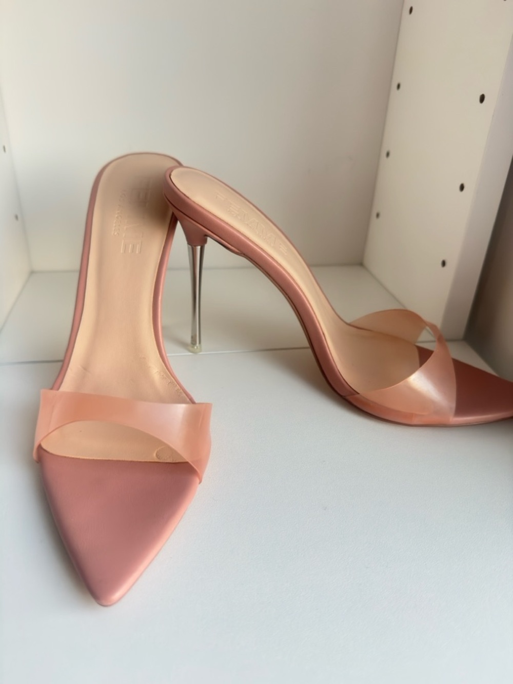 La Femme Mauve and Peach Pointed Toe Slide Mules with Translucent Strap - Picture 2 of 5